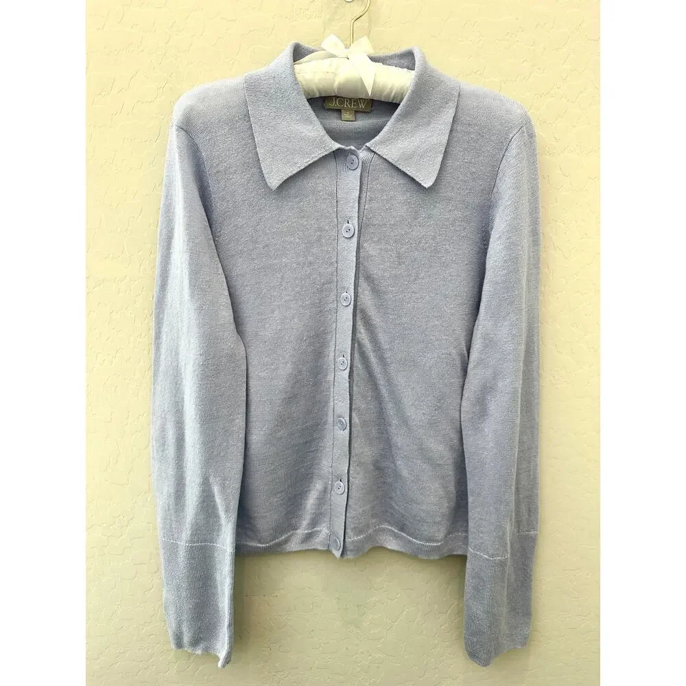 J.CREW 100% Linen Blue Collared Knit Cardigan Sweater Coastal Grandma | Medium - Picture 2 of 7